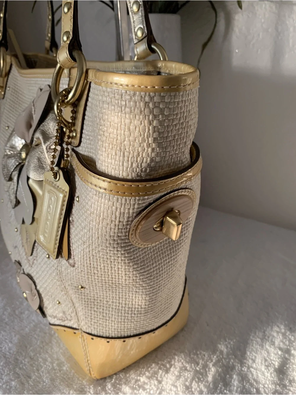 Coach Limited Edition Hampton Cream Tote with Gold Floral Appliqués